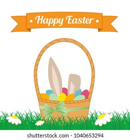 Bunny and eggs in basket in grass. Typographic designs on banner for Easter Day. Vector illustration on a white background
