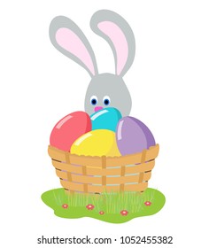Bunny with eggs in basket, hiding behind, cute rabbit with big ears, kids vector illustration for Easter greeting design, spring greeting, poster, card, etc. Flat cartoon character design. 