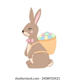 bunny with eggs in basket. Vector Illustration for printing, backgrounds, covers and packaging. Image can be used for greeting cards, posters, stickers and textile. Isolated on white background.