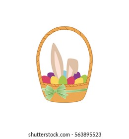 Bunny and eggs in basket. Vector illustration on a white background