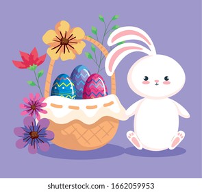 bunny with eggs easter in basket wicker vector illustration design