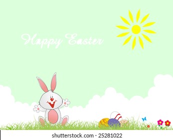 bunny and eggs in the ground green background