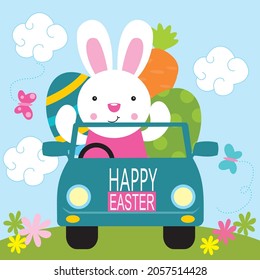 Bunny and eggs on the car for easter greeting card