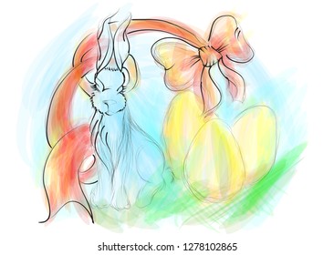 Bunny and eggs on a  multicolor background