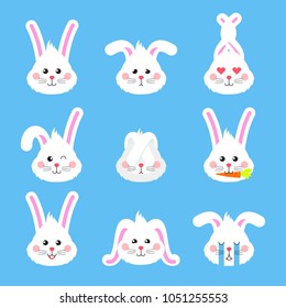 Personaje de emociones de conejito. Lindo conejo de Pascua cabeza emoticonos Vector. Pegatina de vacaciones de conejo de Pascua