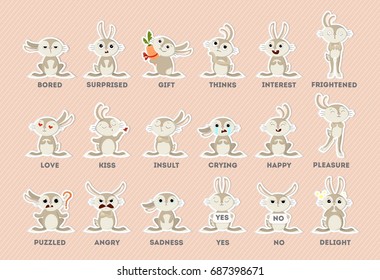 Bunny emotions set. Set of funny cartoon illustrations of rabbit in different poses.