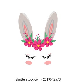 Bunny eyes, ears with flowers. Vector Illustration for printing, backgrounds, covers and packaging. Image can be used for greeting cards, posters, stickers and textile. Isolated on white background.