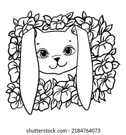 Bunny face among flowers. Coloring book for children. Vector illustration isolated on white background.