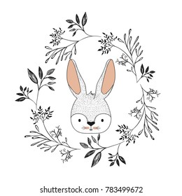 bunny face in decorative frame of branches in color silhouette