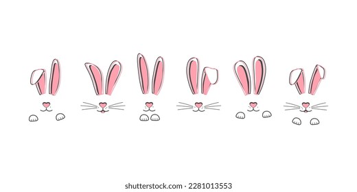 Bunny face, Easter rabbit with ear, paw, whisker. Doodle hare, cute  character vector icon set isolated on white background. Animal hand drawn illustration