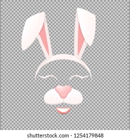 Bunny face mask.Rabbit  ears,nose, eyelashes isolated on a transparent background.Farm animal character had accessories