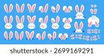 Bunny faces. Rabbit ears and muzzles. Cartoon animal character. Bunnies heads. Rabbits ears in hole, footprint trail, paws. Decor for Easter. Vector holiday elements set.