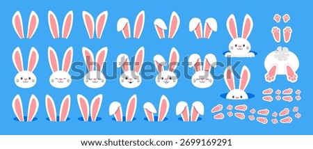 Bunny faces. Rabbit ears and muzzles. Cartoon animal character. Bunnies heads. Rabbits ears in hole, footprint trail, paws. Decor for Easter. Vector holiday elements set.