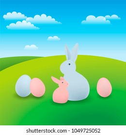 Bunny family and Easter eggs around them as Happy Easter logotype, badge, icon. Rabbit mother and baby on green grass under blue sky. Drawn spring celebration postcard, greeting card, invitation.