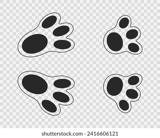 Bunny feet print. Cute black rabbit paws on transparent background. Design elements for Easter party celebration, greeting or invitation card. Vector graphic illustration.