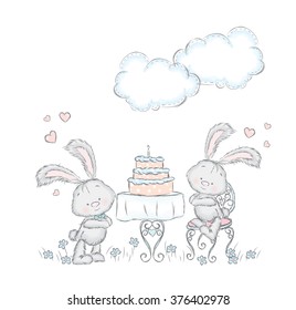 Bunny at the festival. Lovely vector. Card. Birthday. Vector illustration for greeting card, poster, or print on clothes.