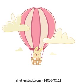 Bunny flies in the basket in a balloon between the clouds. Color vector illustration. Cute image for coloring book, stencil, design, prints.