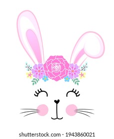 Bunny with floral headband wreath - Cute bunny drawing. Funny calligraphy for spring holiday, Easter egg hunt. Perfect for advertising, poster, announcement or greeting card. Beautiful white Rabbit.