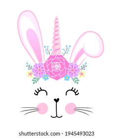 Bunny with floral headband wreath  - Cute bunny drawing. Funny calligraphy for spring holiday, Easter egg hunt. Perfect for advertising, poster, announcement or greeting card. Beautiful bunny unicorn.