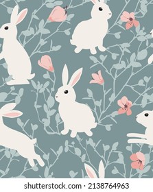 Bunny and flower branch pattern. Vector illustration