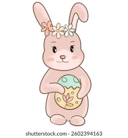 Bunny with a flower crown holding a speckled egg