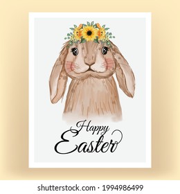 bunny with flower crown illustration for easter