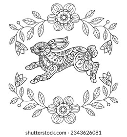 Bunny in a flower frame hand drawn for adult coloring book