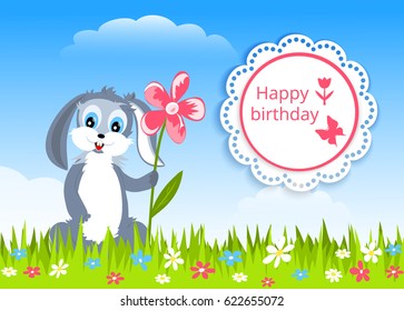 bunny with flower  in green grass, round lace doily with text,  clouds on blue sky,  vector illustration
