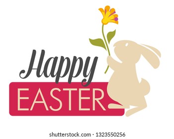 Bunny with flower happy Easter wish vector symbolic animal rabbit or hare and plant with blossom spring event Christian religion tradition and custom greeting and celebration forest wild mammal