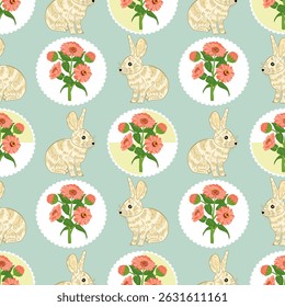 Häschen und Blumenmuster auf pastellfarbenem Hintergrund