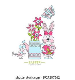 Bunny with flower, spring bouquet, bird and butterfly. Lovely characters. Vector illustration. Spring postcard. Cartoon hero.