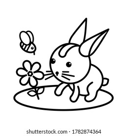 Conejo y flor. Estilización de formas simples. Ilustración en blanco y negro. Imagen para colorear. Imagen vectorial.