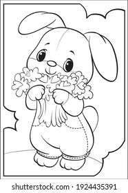Bunny with flowers and hearts. Coloring. Cartoon Vector Illustration.