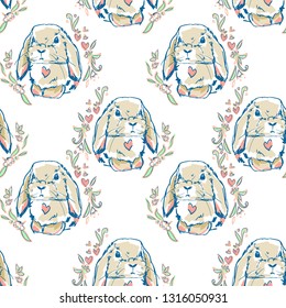 Bunny and flowers illustration pattern seamless. Design print for t-shirt.