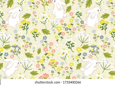 Bunny and Flowers texture vector seamless pattern. Great for spring and summer wallpaper, backgrounds, invitations, packaging design projects. 
Surface pattern design.
