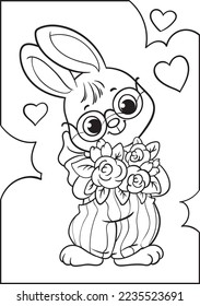 Bunny with flowers. Valentine's Day. Coloring book for kids.