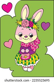 Bunny with flowers. Valentine's Day. Coloring book for kids.