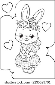 Bunny with flowers. Valentine's Day. Coloring book for kids.