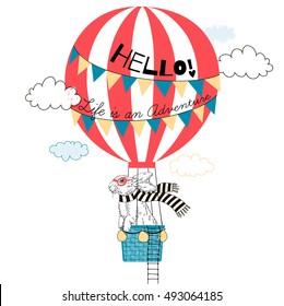 conejito volando en globo aerostático, ilustración animal