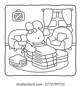 Bunny Folding Clothes Coloring Page – Cute Daily Life Home Activity Scene