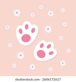 bunny foot print, cute pink and white rabbit paws with flowers, decorative elements for Easter celebration, greeting or invitation card, vector illustration