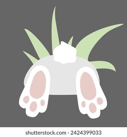 Bunny Foot and Tail in Grass. Vector Flat Rabbit in hole, Cartoon celebration Greeting card illustration. Cute Animal Bottom Holiday Isolated Design art. Eggs Hunt Template, Traditional Easter Symbol