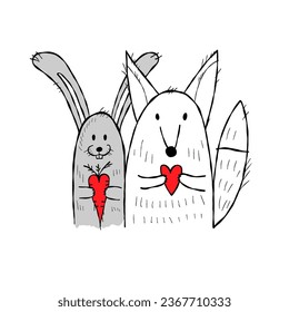 Bunny and fox with hearts in hands. Be my Valentine. Valentine's day banner, background, flyer, placard. Holiday poster for scrapbooking. Vector illustration card for greeting, decoration