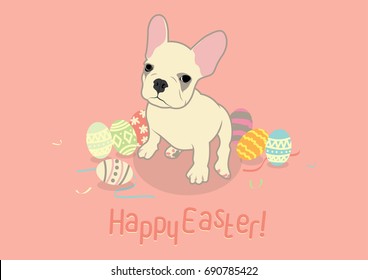 Bunny French Bulldog and Happy Easter. Joyful Easter vibes with a bunny-eared French Bulldog. Celebrate the season with this cute vector image. Perfect for festive projects.