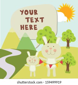bunny in garden with text