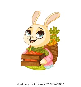 Bunny gardener with a box of fruits and vegetables in a green apron. Vector illustration. Cute bunny in cartoon style. Set of elements for children's textiles, home textiles.