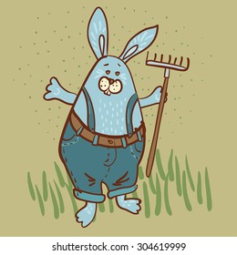 Bunny the  gardener  with a rake