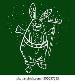 Bunny the  gardener  with a rake drawn on chalkboard vector illustration