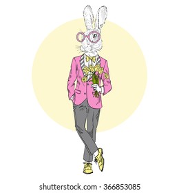 bunny gentleman with flowers, greeting card design