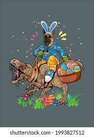 Bunny German Shepherd Dog Riding T Rex Dinosaur Easter Eggs Design Vector Illustration For Use In Design And Print Poster Canvas